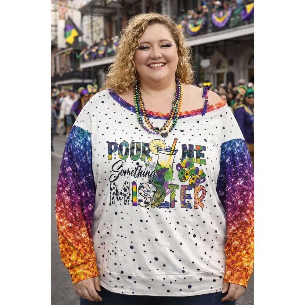 Womens Plus SZ 5X Off Shoulder Pour Me Something Mister Mardi Gras blouse 00805 - Picture 2 of 6